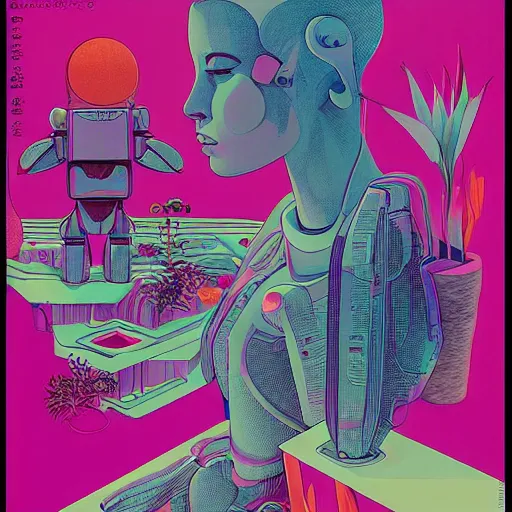 Image similar to gigantic girl faces, tiny robots, a lot of exotic vegetation around, risograph!, colorful flat surreal design, super - detailed, a lot of tiny details, fullshot, by luigi serafini and moebius