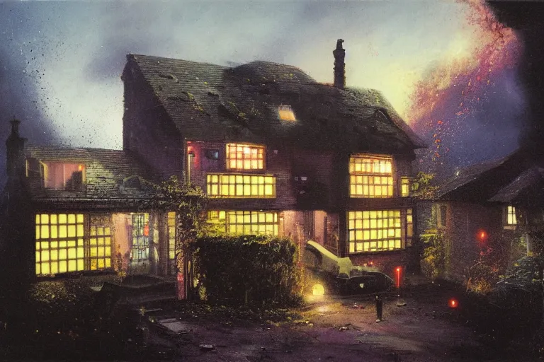 Image similar to cyberpunk, an estate agent listing photo, external view of a 5 bedroom detached countryside house in the UK, by Paul Lehr