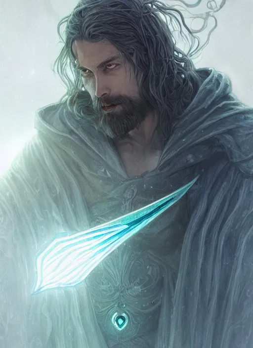 Image similar to Portrait of hexblade warlock aasimar with white glowing eyes, silver shaggy hair, short scruffy beard, cloak, teal ethereal tendrils, male, fantasy, extremely detailed, digital painting, artstation, concept art, smooth, sharp focus, illustration, stunning lighting, art by artgerm and greg rutkowski and alphonse mucha and simon stalenhag, realistic character concept, high fantasy, light atmosphere, golden ratio, cinematic lighting, hyperdetailed, high resolution, insanely detailed and intricate, artstation, Marc Simonetti, Greg Rutkowski