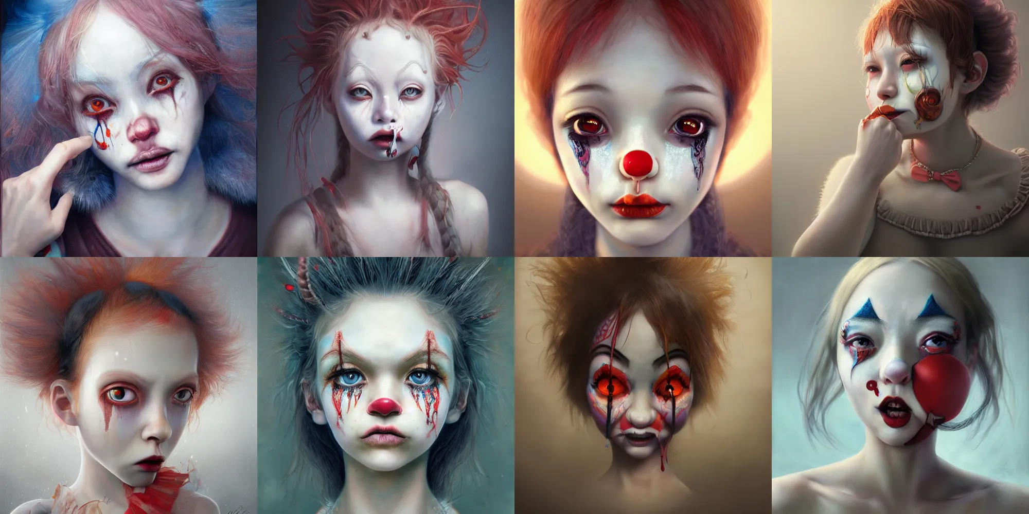 Image similar to breathtaking detailed painting of clown girl crying, piercing eyes, james jean, miho hirano, extremely moody lighting, hyperrealistic, octane render, rpg portrait, ambient light, dynamic lighting