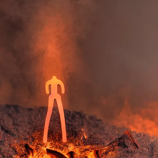 Image similar to a human figure emerging from fire ash, cinematic lighting, ultra realistic, bokeh