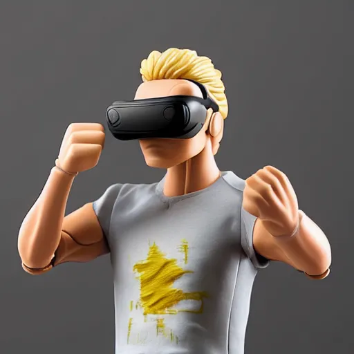 Image similar to action figure of a skinny blonde male wrestler wearing a vr headset and wearing a t - shirt and jeans, high detail, realistic,