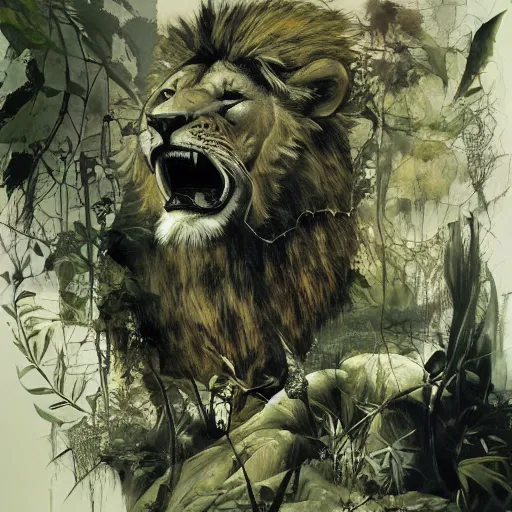 Image similar to lion in the jungle by dave mckean and yoji shinkawa, oil on canvas