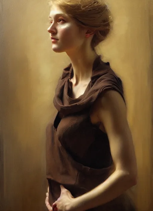Prompt: painting of a gorgeous young woman in the style of Helene Knoop, realistic, sharp focus, 8k high definition, insanely detailed, intricate, elegant, art by Helene Knoop and Craig Mullins