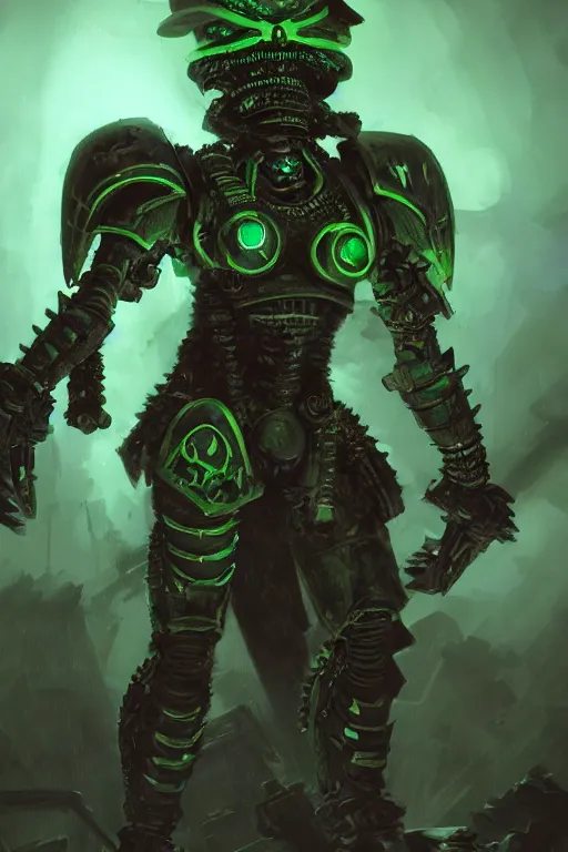 Image similar to Close up of a singular necron warrior, green glowing eyes reflecting on the shinny armor. At night, underexposed, desolated wasteland, matte painting by craig mullins and Emmanuel_Shiu, cinematic, warhammer 40k, dark sci-fi,concept art trending on artstation, 4k, insane details