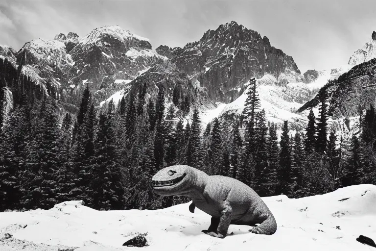 Image similar to small dinosaur, vallye, snowy peaks, by ansel adams, black and white, old, master photography