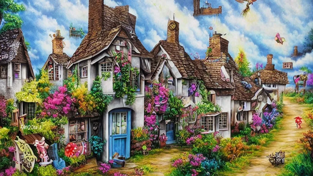 Image similar to airbrush art derivative the very crispest, neatest village