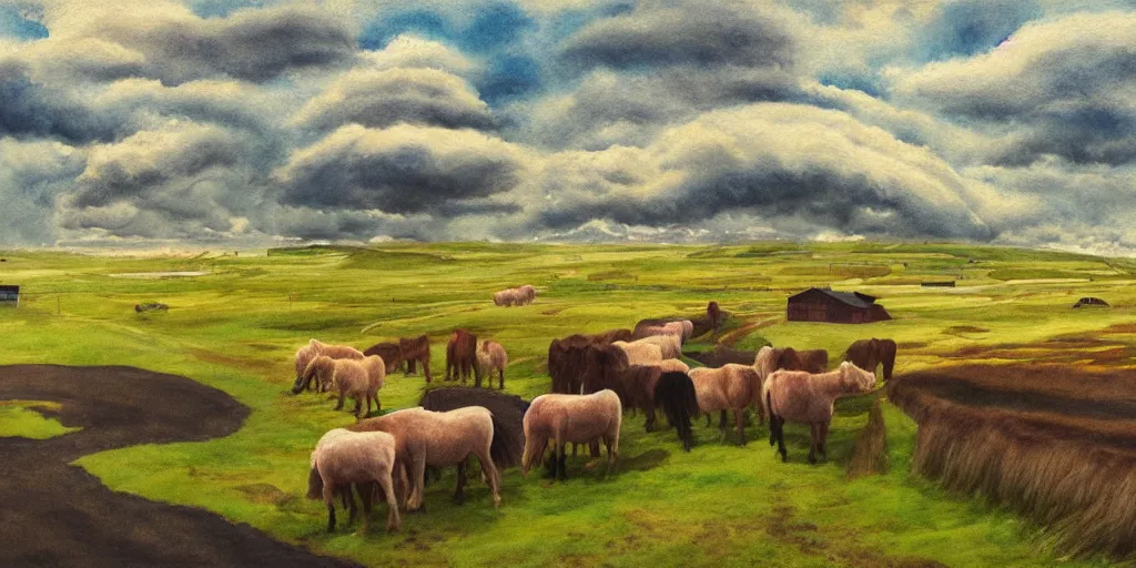 Prompt: a beautiful painting of a icelandic farm, one icelandic horses galloping, storm clouds gathering over the town, by studio ghibli 8 k pastel colours, isometric, six point perspective, drone shot, smeared watercolours, golden light, film grain