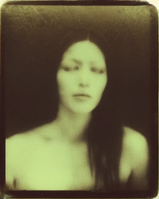 Prompt: a woman's face peaking above the water, serene emotion, polaroid, gritty texture, 1 9 7 0 s filter