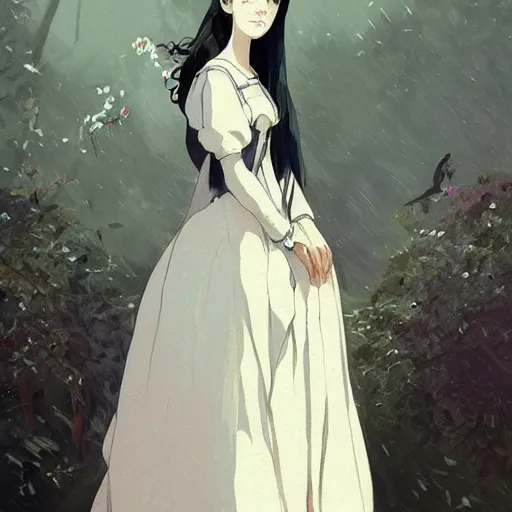 Image similar to a beautiful girl with long dark hair, wearing a victorian style dress, portrait by Studio Ghibli and Greg Rutkowski, artstation