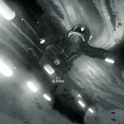 Image similar to infrared concept art by david cronenberg diver astronaut in underwater futuristic dark and empty spaceship. complex and hyperdetailed technical suit design. reflection material. rays and dispersion of light breaking through the deep water. 3 5 mm, f / 3 2. noise film photo. flash photography. trend artstation