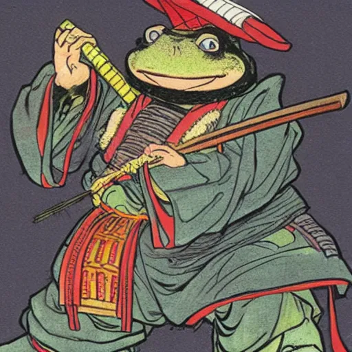 Image similar to mr toad as a samurai master. toad dressed as samurai. concept art by james gurney and mœbius.