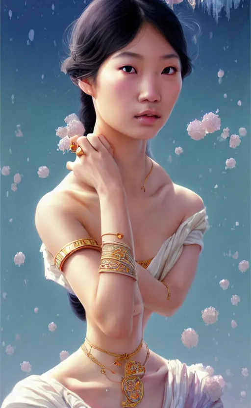 Image similar to a beautiful young charming asian goddess with sundress + jewelry + shinny eyes | | winter, symmetric, realistic shaded, unpleasant face, good looking, fine details, dior, lv, realistic shaded lighting poster by greg rutkowski, macoto takahashi, magali villeneuve, artgerm, jeremy lipkin and michael garmash