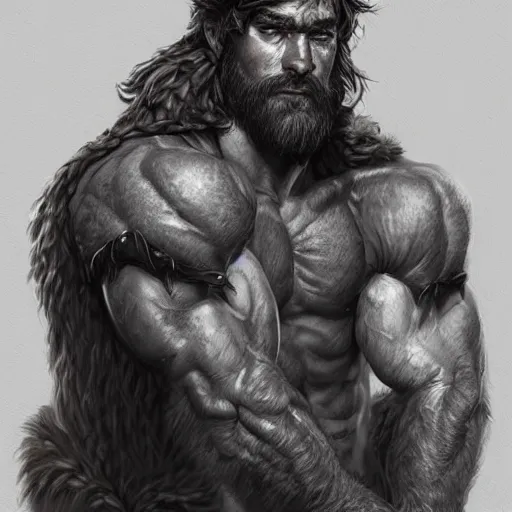 Image similar to portrait of a rugged ranger, muscular, upper body, hairy torso, D&D, fantasy, intricate, elegant, highly detailed, digital painting, artstation, concept art, smooth, sharp focus, illustration, art by artgerm