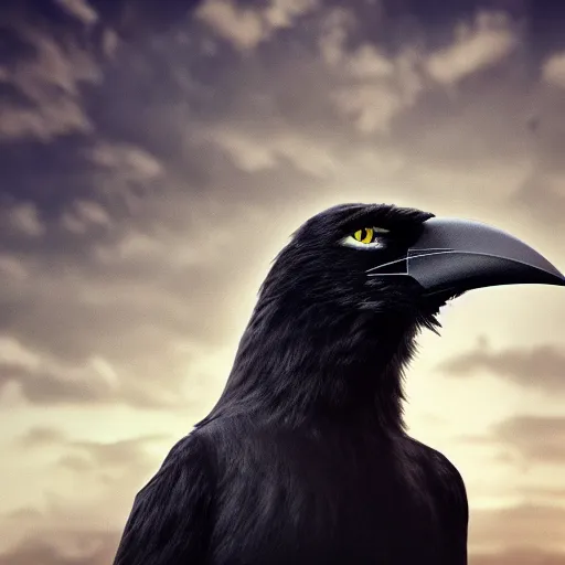 Image similar to Crow Fursuit at furry convention, center composition, dark clouds, golden hour, hyperrealistic, beautiful detailed intricate insanely detailed octane render trending on Artstation, trending on DeviantArt, 8K artistic photography, photorealistic, dramatic volumetric cinematic perfect light, award-winning photograph, masterpiece,