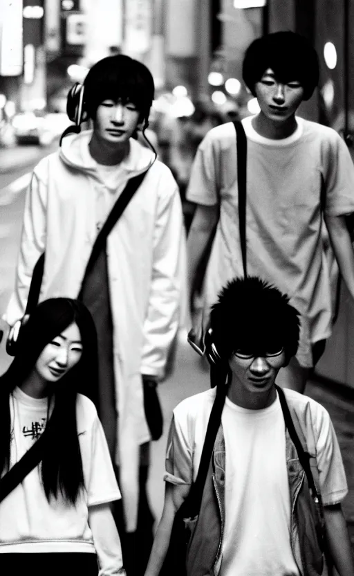 Image similar to japanese teenagers male and female, street photography in the 8 0 s, economic boom, punks, highly realistic, photography, highly detailed, cinematic lighting, tokyo, fashion, wearing sony walkman and headphones