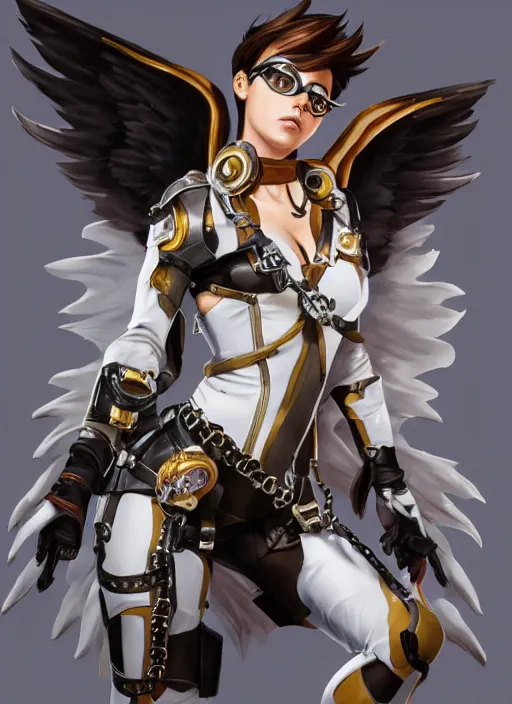 Image similar to full body artwork of tracer overwatch, wearing white latex and leather straps armor outfit, in style of mark arian, angel wings, dramatic painting, wearing detailed leather collar, ornate highly detailed armor, chains, black harness, detailed face and eyes,