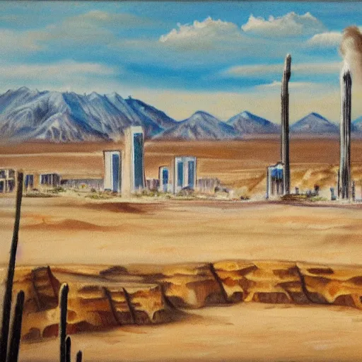 Image similar to painting of a city in a desert next to a gigantic geyser