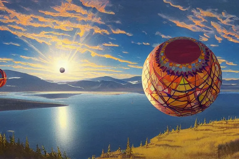 Prompt: a giant ((((metallic)))) floating sphere covered in canadian colorful aboriginal patterns!! hovering above a Yukon lake, (painted by Ralph McQuarrie), matte painting, very detailed, 7000K, concept art