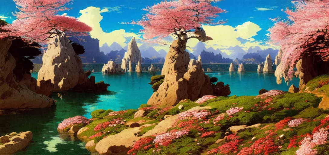 Image similar to ghibli illustrated background of a strikingly beautiful landform with strange rock formations and red water and cherry blossoms by vasily polenov, eugene von guerard, ivan shishkin, albert edelfelt, john singer sargent, albert bierstadt 4 k