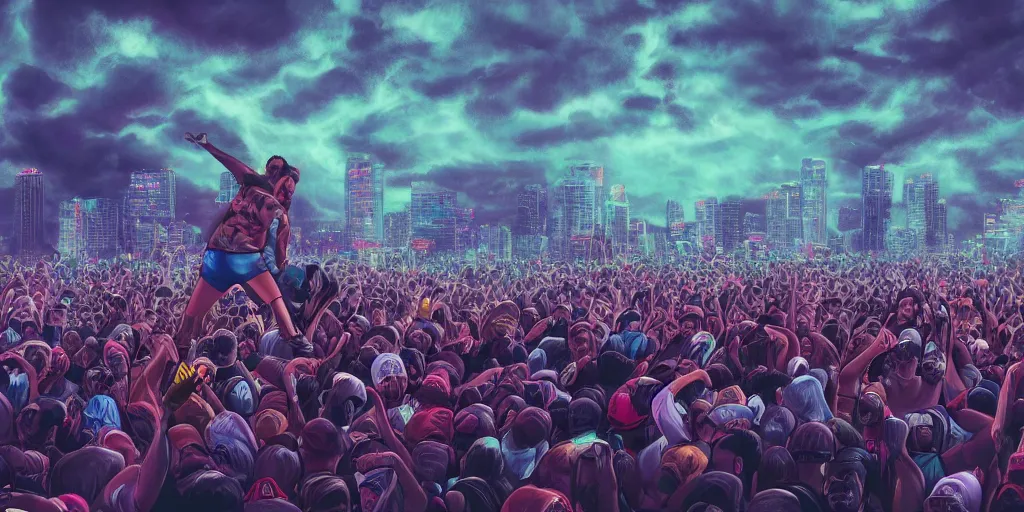 Prompt: rapper leaning over huge crowd reaching up to him, thunder and lightning, clouds, digital art, vapor wave, hip hop, trending on Artstation, professional artist, detailed, 4k