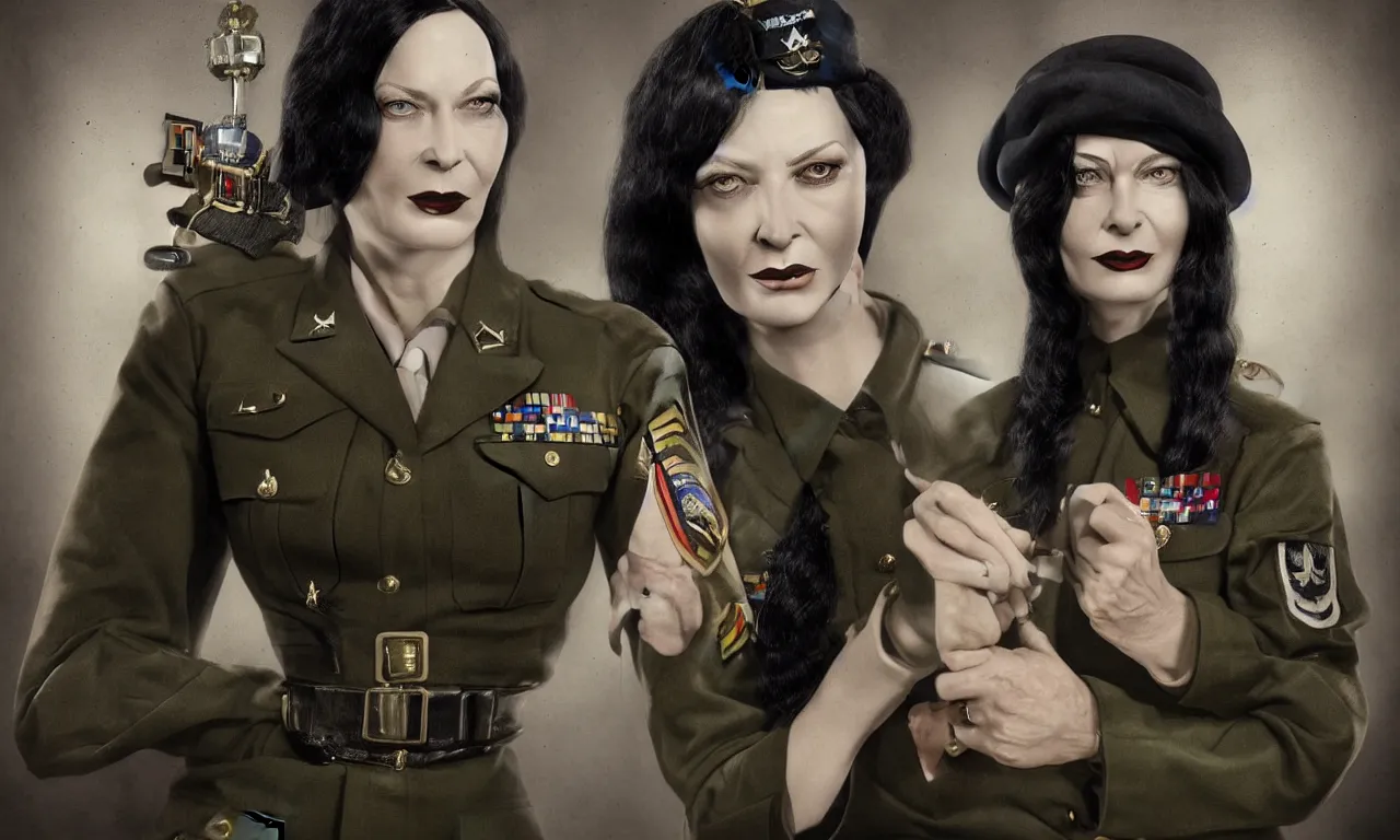 Image similar to old photograph of Morticia Addam wearing a military uniform, portrait, photorealistic, hyperrealism, highly detailed, octane render, style by John Salt,