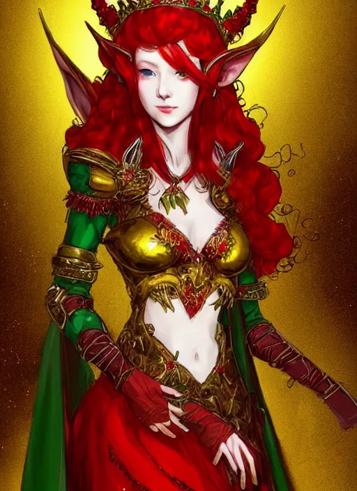 Image similar to Full body portrait of a beautiful red haired elven queen wearing red, green and gold ceremonial queen dress and elaborate golden crown. In style of Yoji Shinkawa and Hyung-tae Kim, trending on ArtStation, dark fantasy, great composition, concept art, highly detailed.