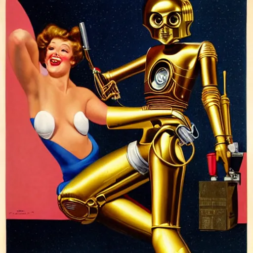 Image similar to a reclining c3po with a smiling female human face by Gil Elvgren, holding a smoking ray-gun, full body