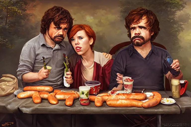 Image similar to portrait of peter dinklage sharing hotdogs with scarlett johansson, an oil painting by ross tran and thomas kincade