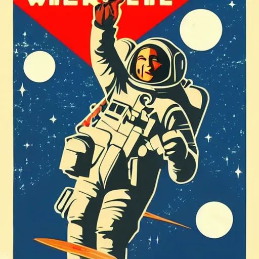 Image similar to space travel poster in style of ww 2 propaganda poster