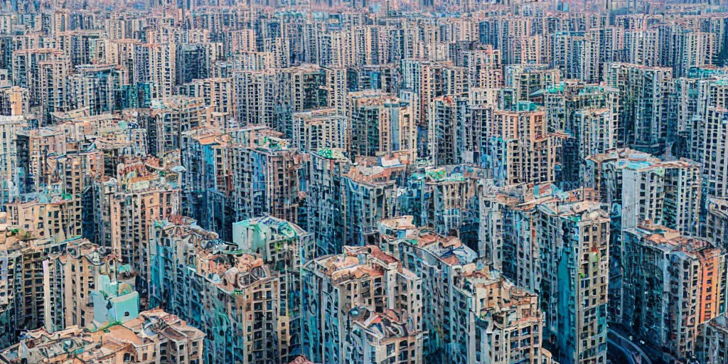 Image similar to bird's eye view photograph of a highrise Russian city, apartments, no watermarks, extremely detailed photography