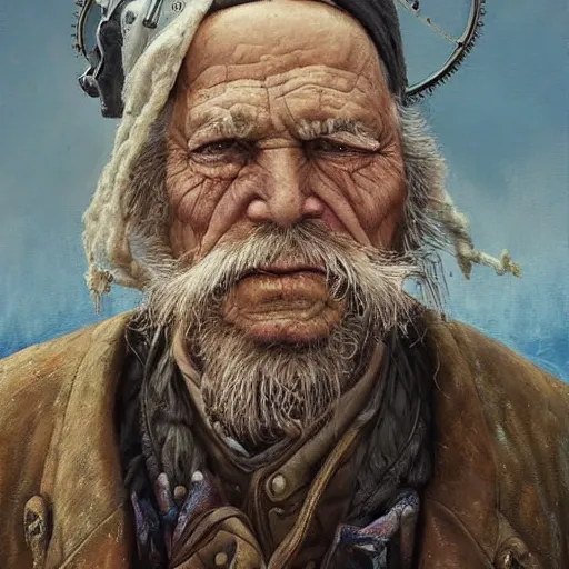 Prompt: a beatiful painting of portrait, A wrinkled old fisherman, steampunk, by Mizuri AU and Soufiane Idrassi and BONDARTS and Tomasz Alen Kopera and Klaus Wittmann and Deathburger and Daniel Romanovsky and Aku, trending on artststion