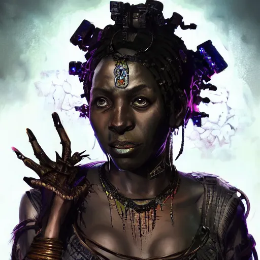 Image similar to a dark and ominous african queen with glowing eyes, a black diamond in her forehead, and jewelry made of bones, Apex Legends character digital illustration portrait design, by android jones and greg rutkowski in a cyberpunk voodoo style, detailed, cinematic lighting, wide angle action dynamic portrait