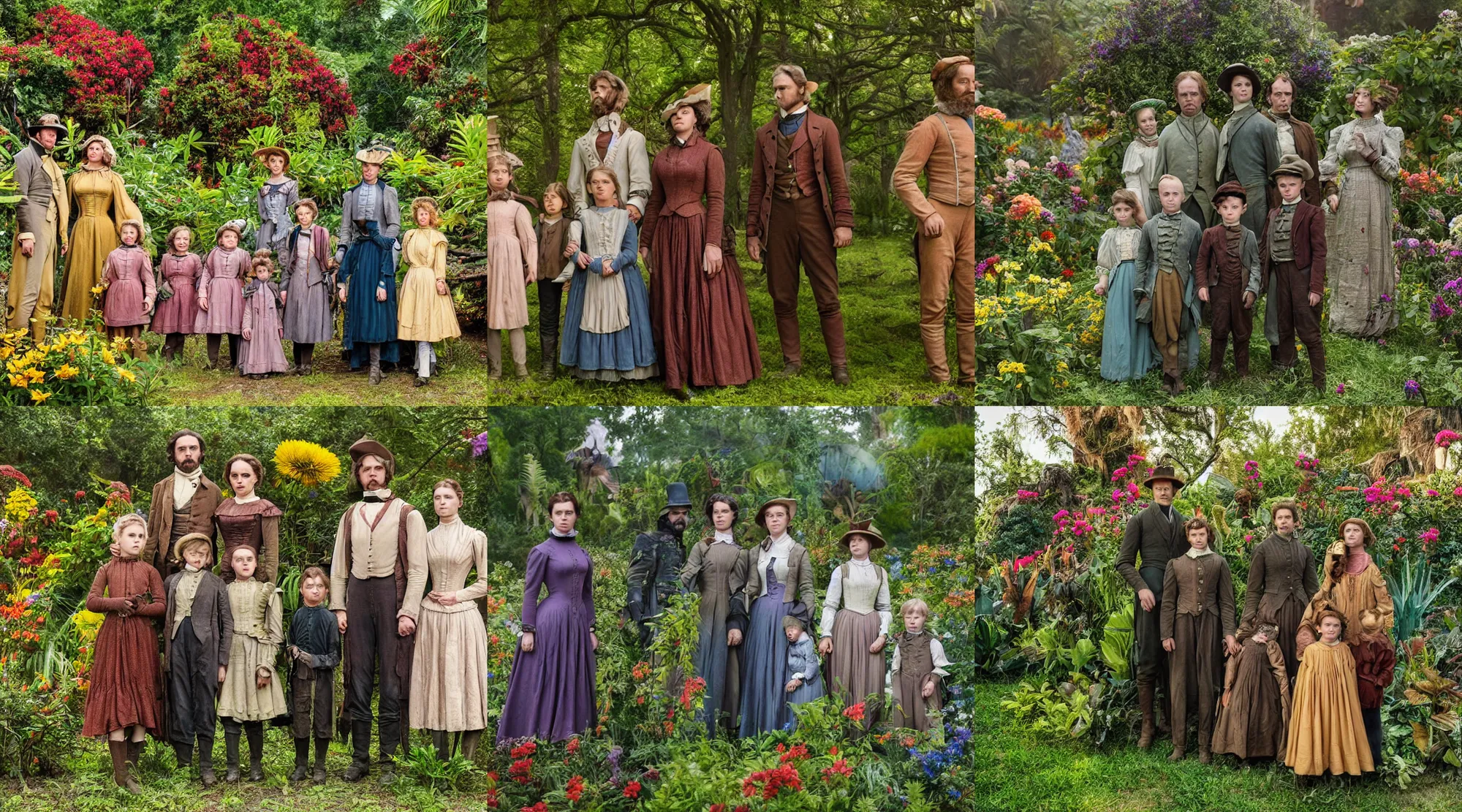 Prompt: still from a sci fi blockbuster color movie made in 2019, set in 1860, of a family standing in a park, next to some alien plants and flowers, the family are all wearing 1850s era clothes, good lighting, good photography