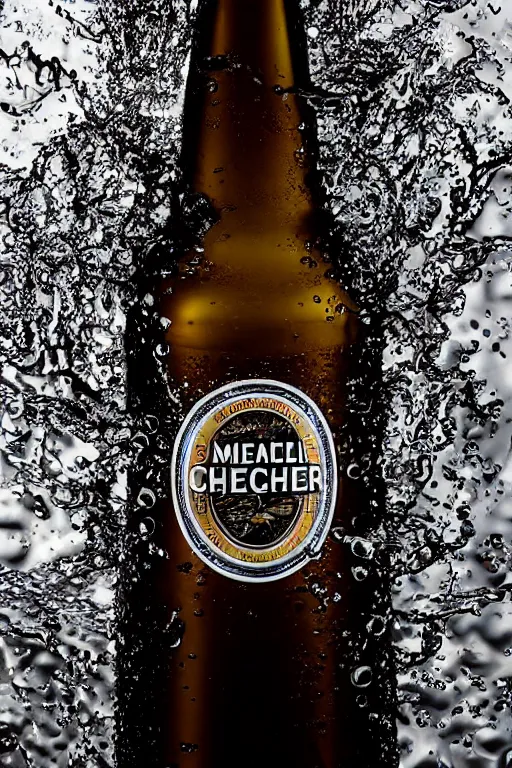 Image similar to a high detail photo of a full size bottle of beer, splashes of liquid, energetic, delicate by marcel christ