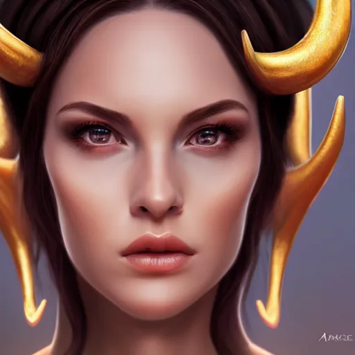 Prompt: perfectly - centered close - up face - portrait of horned goddess, the perfect human female specimen, intricate, elegant, super highly detailed, professional digital painting, artstation, concept art, smooth, sharp focus, no blur, no dof, extreme illustration, unreal engine 5, 8 k, by anne stokes