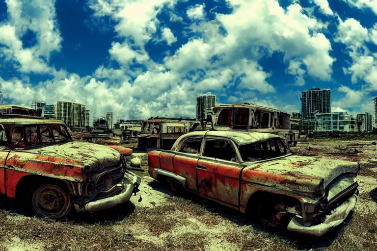 Prompt: wide angle shot of dilapidated fallout 5 miami, tropical coastal city, desolate, dilapidated, just a rusted retro futuristic vintage parked vehicles like cars, buses, trucks, trams, sunny weather, few clouds, volumetric lighting, photorealistic, daytime, spring, sharp focus, ultra detailed, technicolour 1