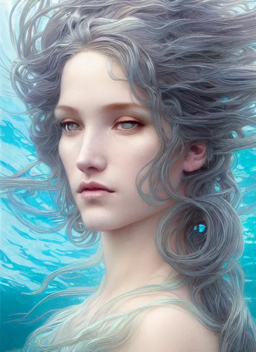 Image similar to goddess of the sea!! portrait of a seductive mermaid in underwater murky light, wind blown hair! fantasy esoteric, closeup, d & d, fantasy, intricate, elegant, highly detailed, digital painting, artstation, concept art, matte, sharp focus, illustration, art by artgerm and tom bagshaw and greg rutkowski and alphonse mucha