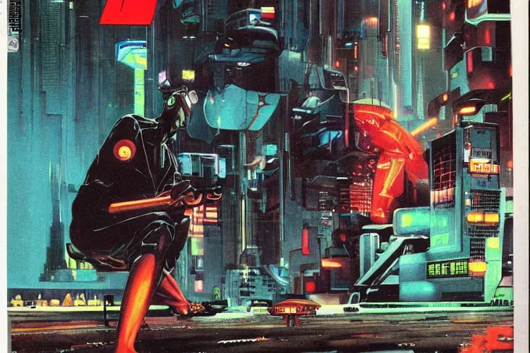 Image similar to 1979 OMNI Magazine Cover of a black market cybernetic augmentation surgery. Cyberpunk Akira style by Vincent Di Fate