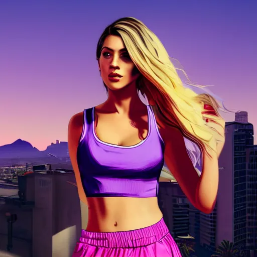 Image similar to a stunning GTA V loading screen with a beautiful woman with ombre hairstyle in purple and pink blowing in the wind, tanktop and skirt, city streets, digital art, trending on artstation