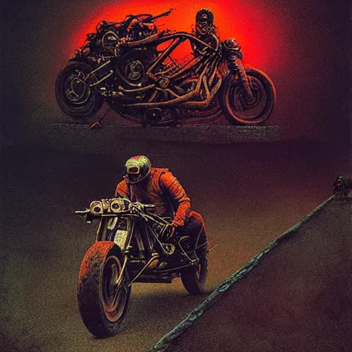Image similar to motorbikers race in hell, by beksinski and tristan eaton, dark neon trimmed beautiful dystopian digital art