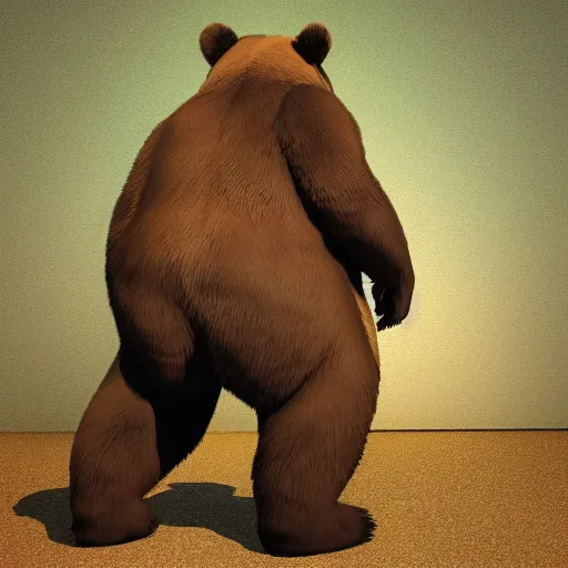 Prompt: big realistic bear standing on two legs, wearing green square backpack at his back, photo realistic, high detail, smooth