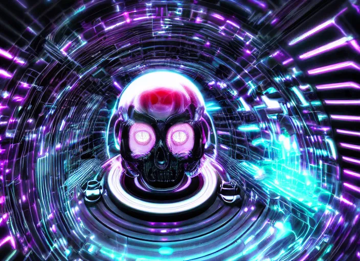 Prompt: a futuristic skull with glowing eyes and a wormhole tunnel, cyberpunk art by piet mondrian, behance contest winner, computer art, darksynth, synthwave, rendered in cinema 4 d