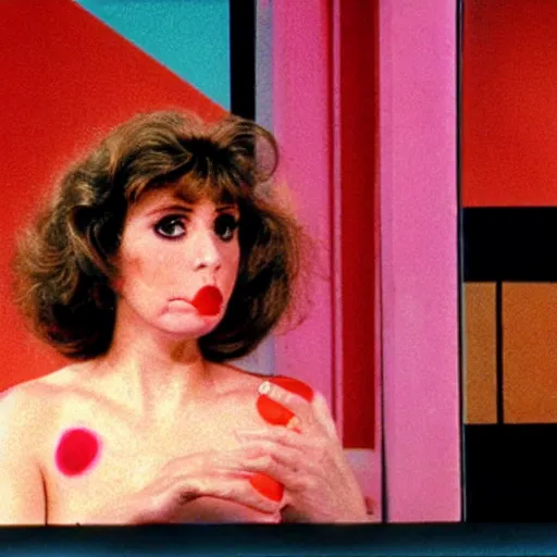 Image similar to 1983 sad woman on a talk show show with a long prosthetic snout nose, big nostrils, wearing a dress, 1983 French film color archival footage color film 16mm Fellini Almodovar John Waters Russ Meyer movie still