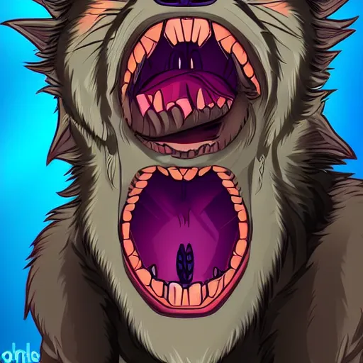 Image similar to A totally normal werewolf with an oddly hyper detailed mouth wide open drooling teeth throat tongue