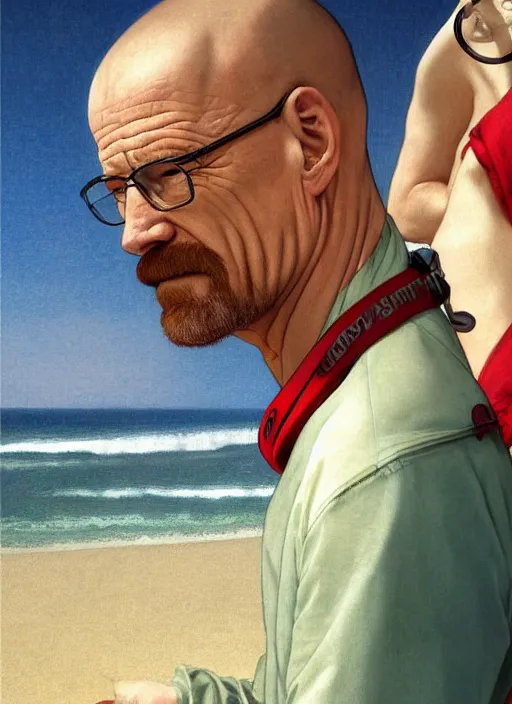 Image similar to portrait Walter White as sea lifeguard on the beach, full length shot, shining, 8k highly detailed, sharp focus, illustration, art by artgerm, mucha, bouguereau