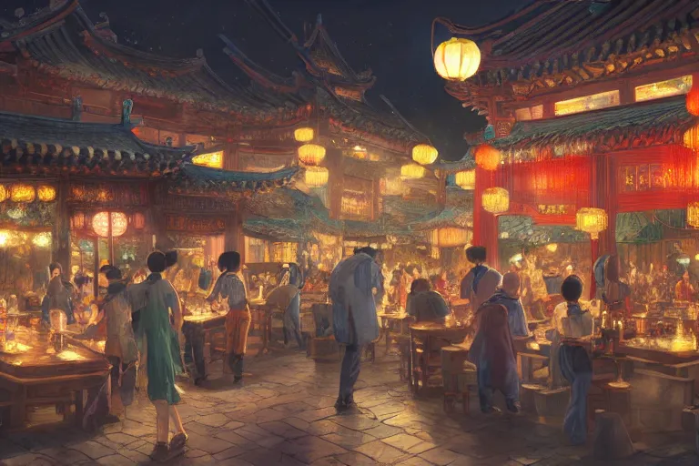 Image similar to fantasy art of a bustling tavern in china, at night, by makoto shinkai, highly detailed digital art, trending on artstation