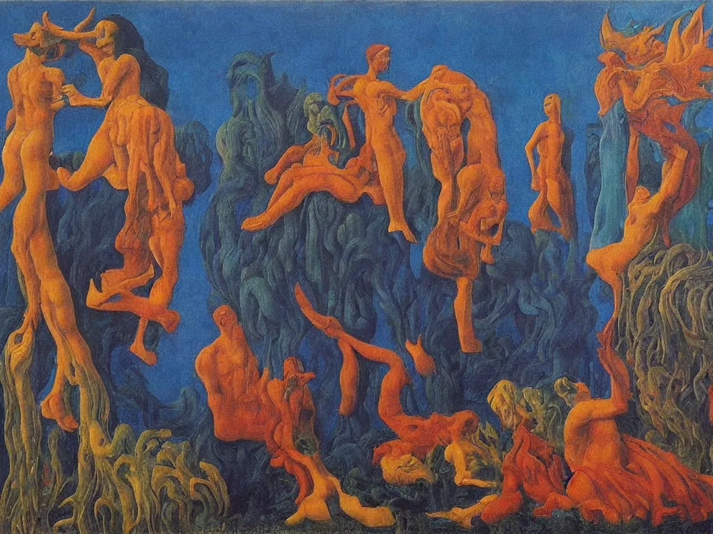 Image similar to Scene from a Romanian movie. Painting by Rene Magritte, Jean Delville, Max Ernst, Maria Sybilla Merian