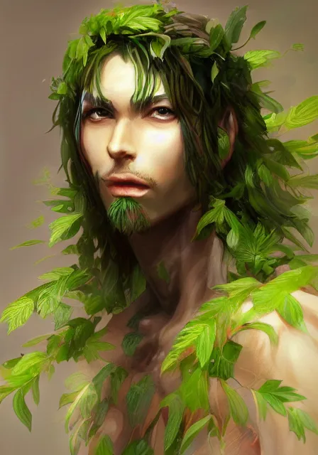 Image similar to A realistic anime portrait of a handsome dryad with glowing green eyes and tree bark skin wearing clothes made of leaves, digital painting, by Stanley Artgerm Lau, Sakimichan, WLOP and Rossdraws, digtial painting, trending on ArtStation, SFW version