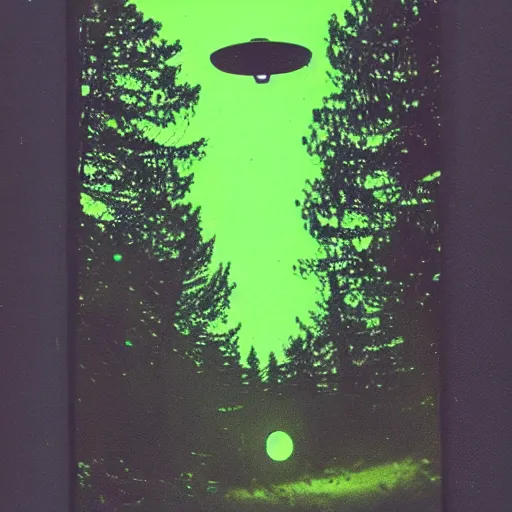 Image similar to a ufo flying over a forest at night, ufo!!!, old polaroid,